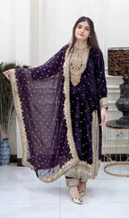 Pure Viscose Velvet Embroidered Suit with Sequence & Moti Work