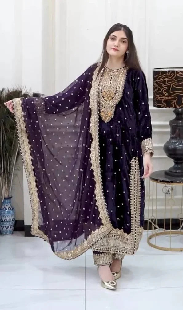 Pure Viscose Velvet Embroidered Suit with Sequence & Moti Work