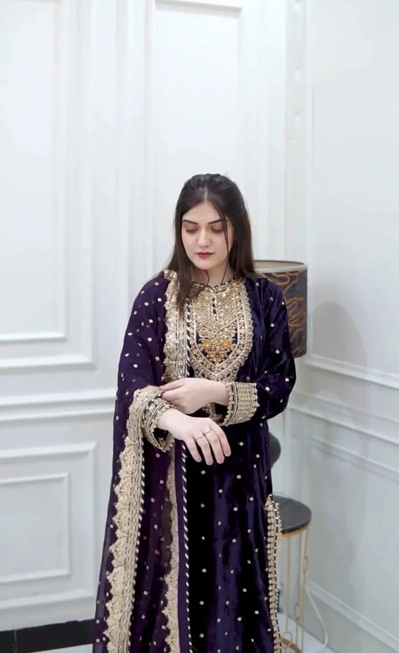 Pure Viscose Velvet Embroidered Suit with Sequence & Moti Work