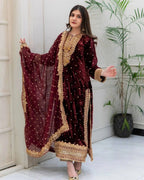 Designer Velvet Embroidery Sequence Work Set with Dupatta