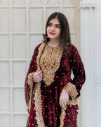 Designer Velvet Embroidery Sequence Work Set with Dupatta