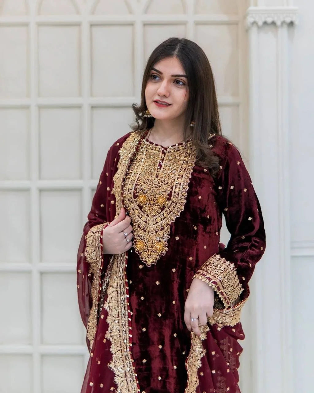 Designer Velvet Embroidery Sequence Work Set with Dupatta