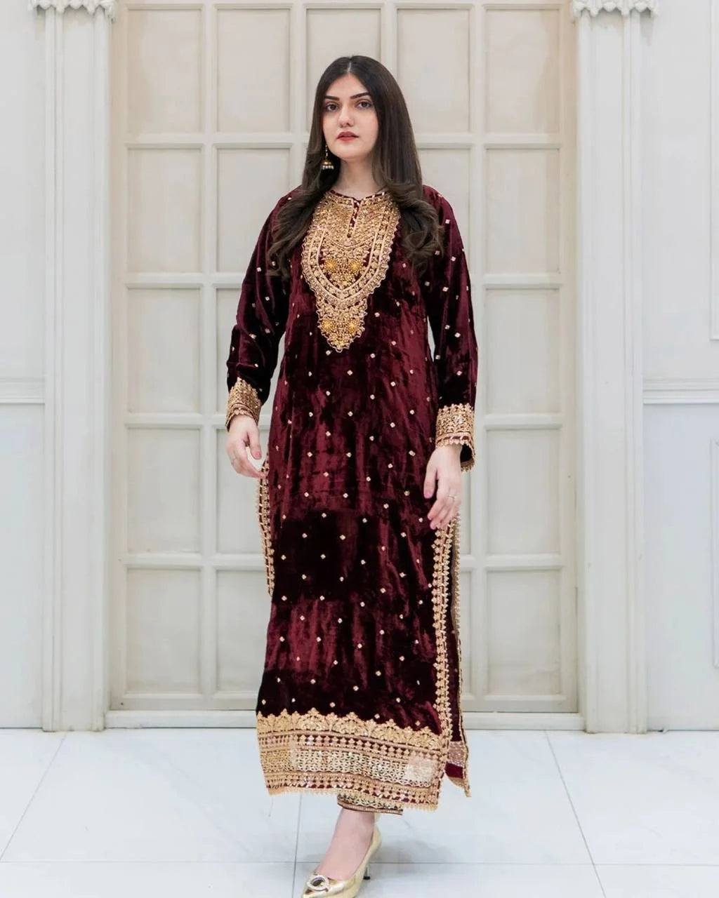 Designer Velvet Embroidery Sequence Work Set with Dupatta
