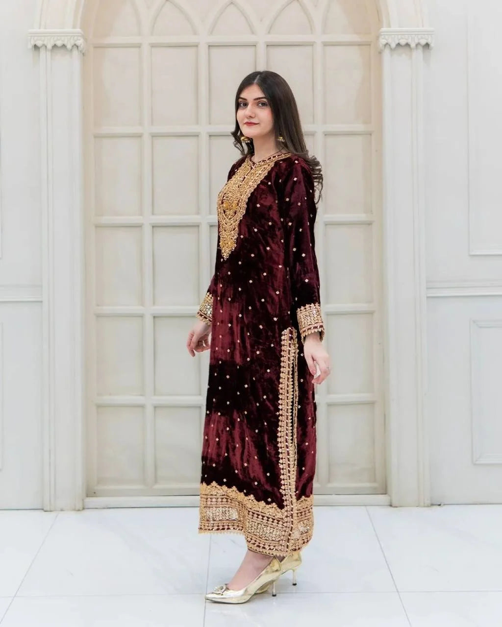 Designer Velvet Embroidery Sequence Work Set with Dupatta