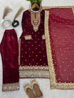Designer Velvet Embroidery Sequence Work Set with Dupatta