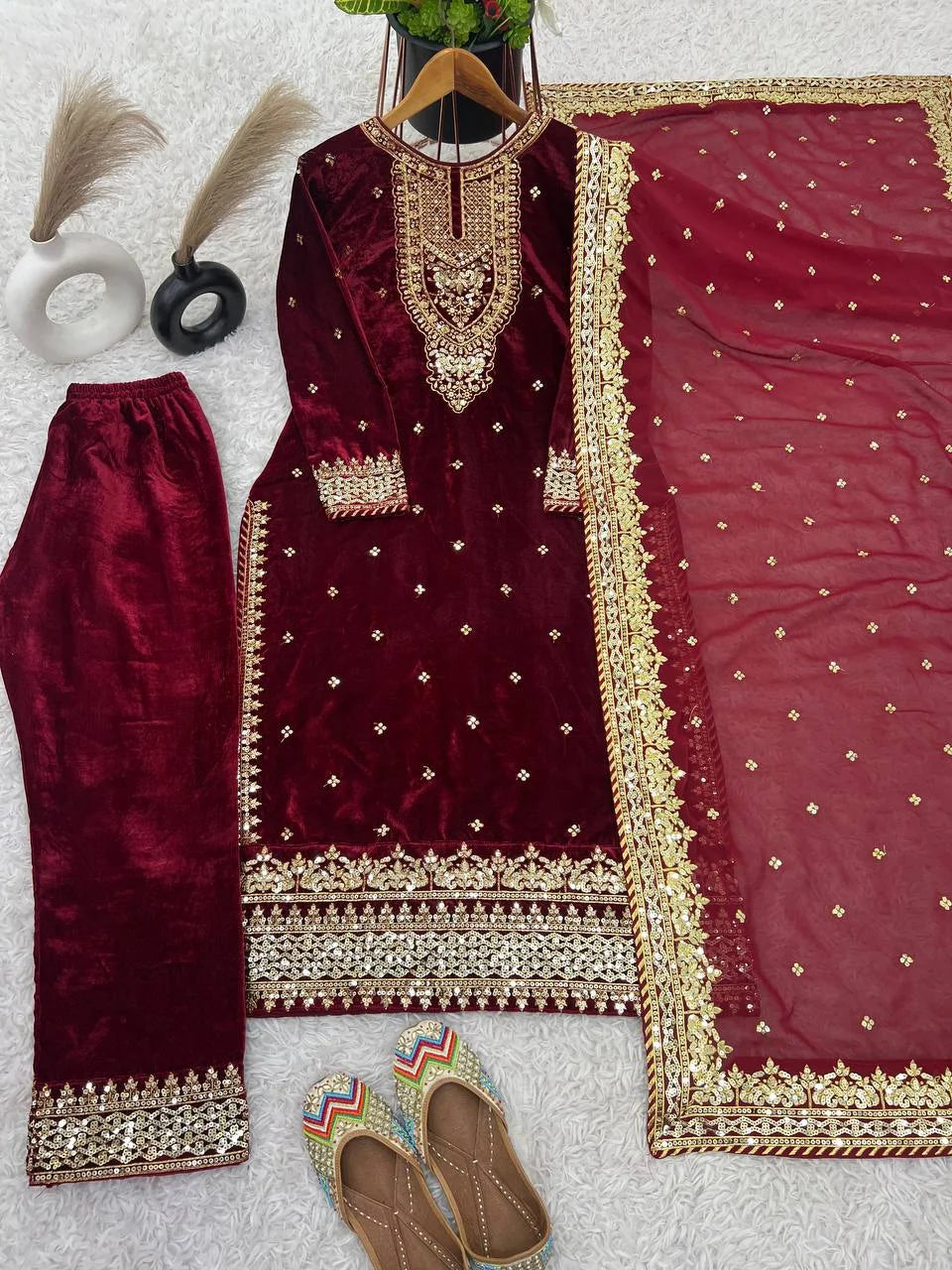 Designer Velvet Embroidery Sequence Work Set with Dupatta