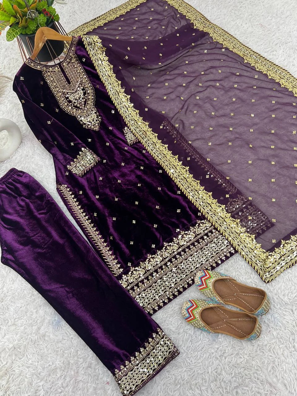 Pure Viscose Velvet Embroidered Suit with Sequence & Moti Work