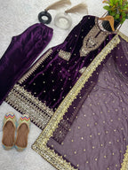 Pure Viscose Velvet Embroidered Suit with Sequence & Moti Work