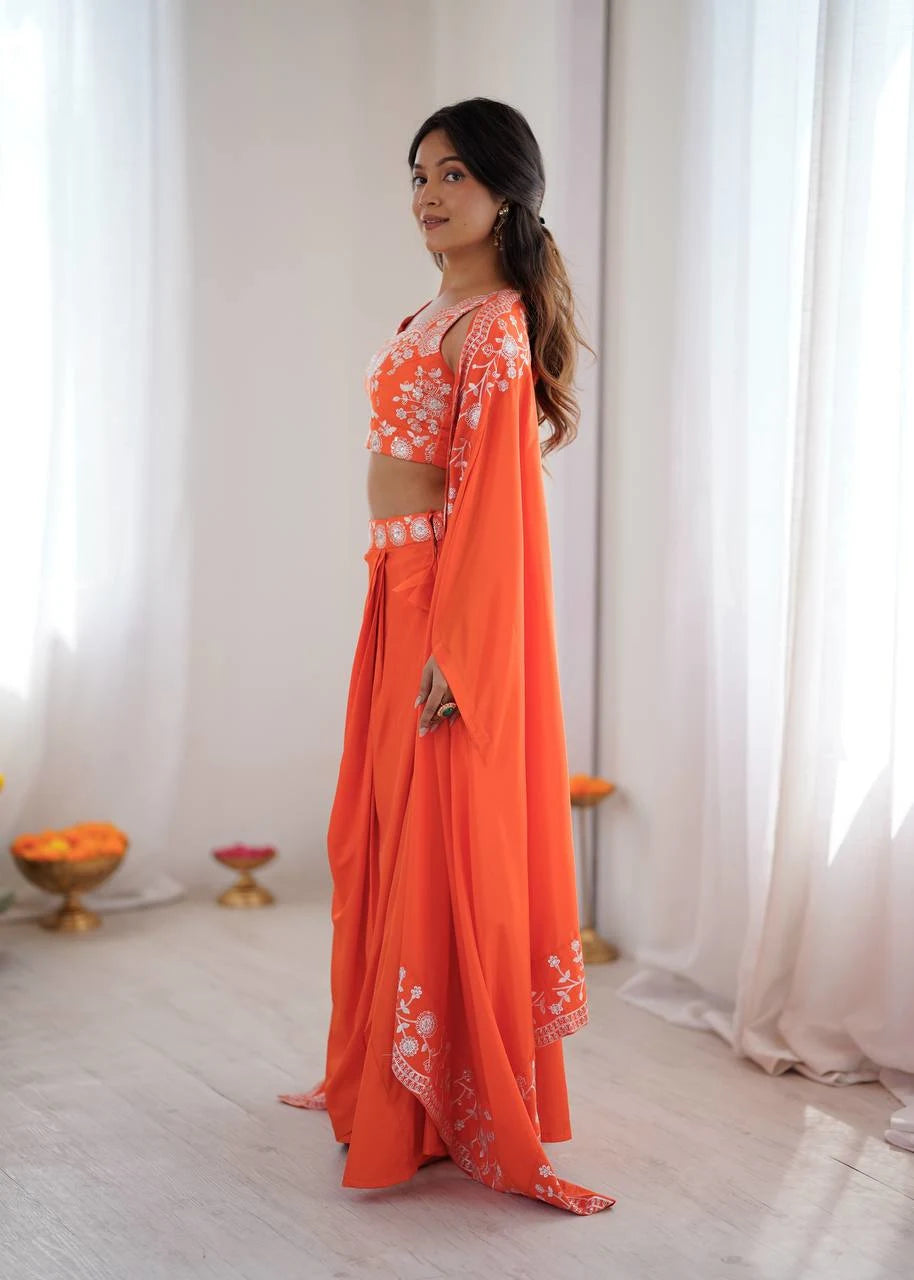 Bold & Beautiful Orange Dhoti Set with Designer Choli & Shrug