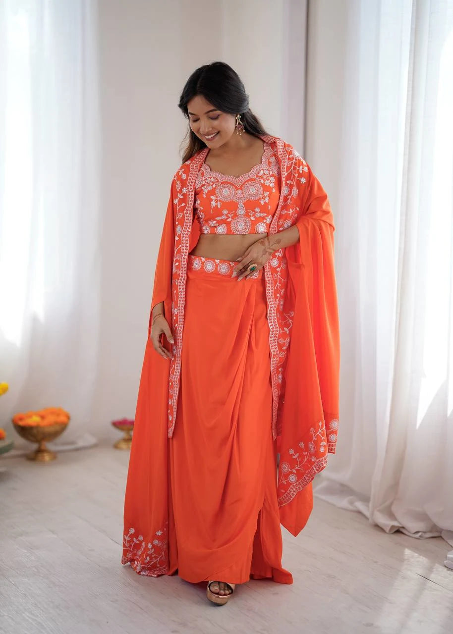 Bold & Beautiful Orange Dhoti Set with Designer Choli & Shrug