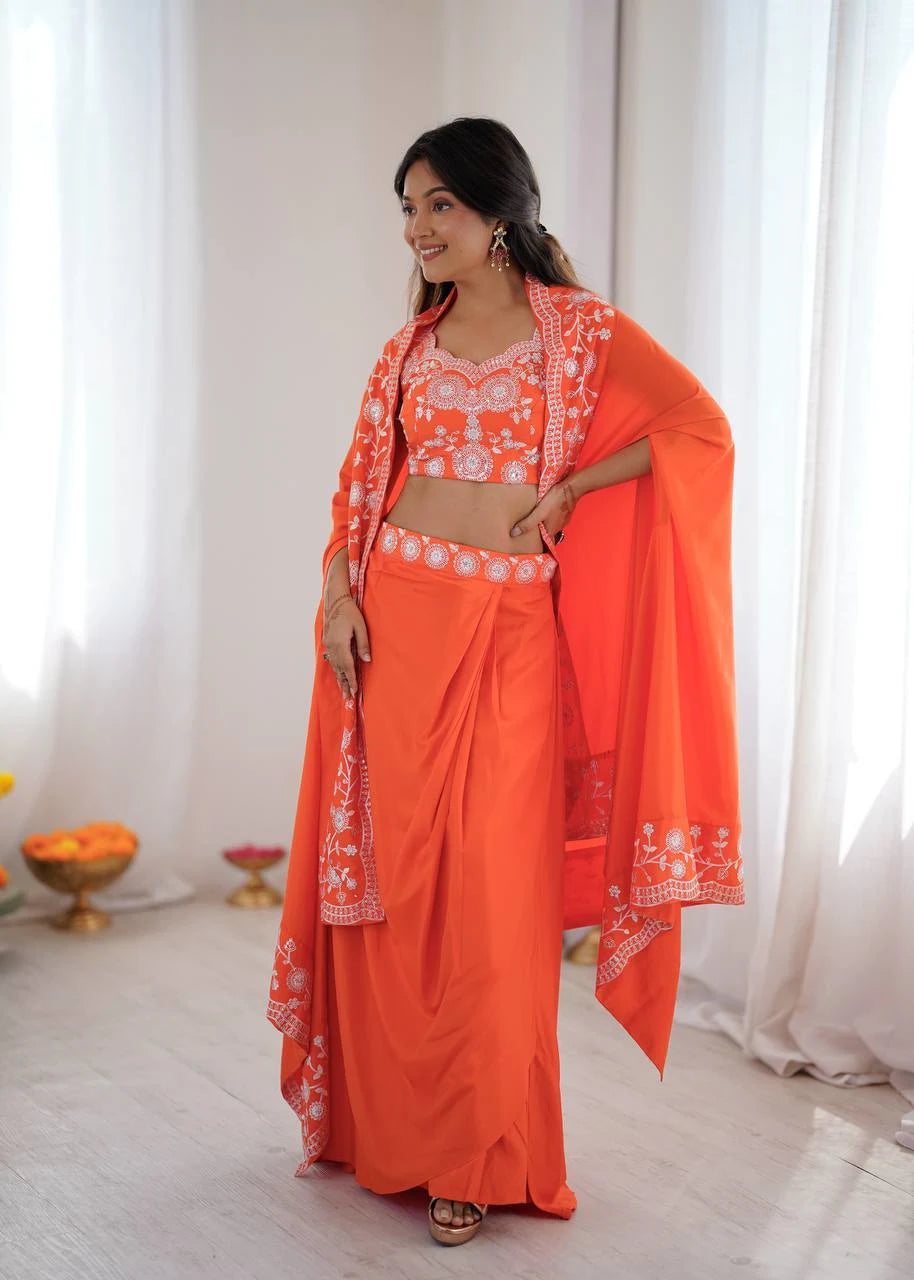 Bold & Beautiful Orange Dhoti Set with Designer Choli & Shrug