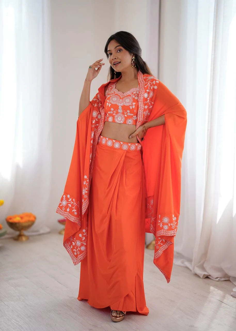 Bold & Beautiful Orange Dhoti Set with Designer Choli & Shrug