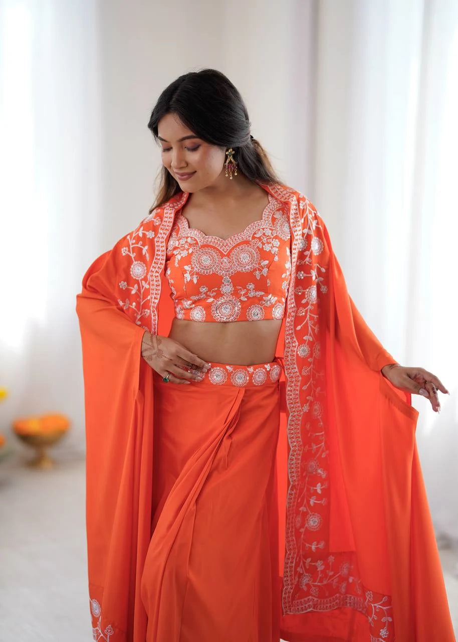 Bold & Beautiful Orange Dhoti Set with Designer Choli & Shrug