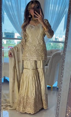 Eid Special Cream Chinon Silk Embroidered Sharara Suit With Dupatta