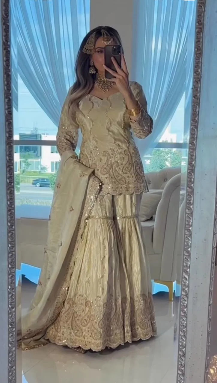 Eid Special Cream Chinon Silk Embroidered Sharara Suit With Dupatta