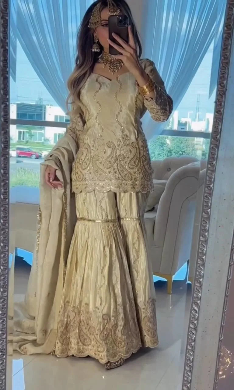 Eid Special Cream Chinon Silk Embroidered Sharara Suit With Dupatta