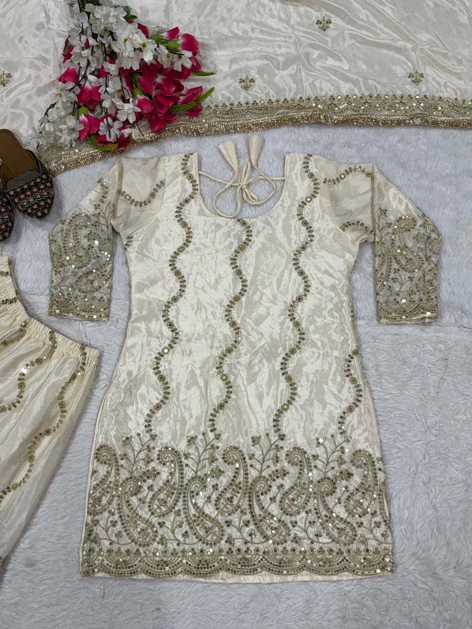 Eid Special Cream Chinon Silk Embroidered Sharara Suit With Dupatta
