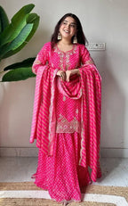Printed Chinon Kurti Sharara Set with Embroidery & Diamond Work