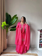 Printed Chinon Kurti Sharara Set with Embroidery & Diamond Work