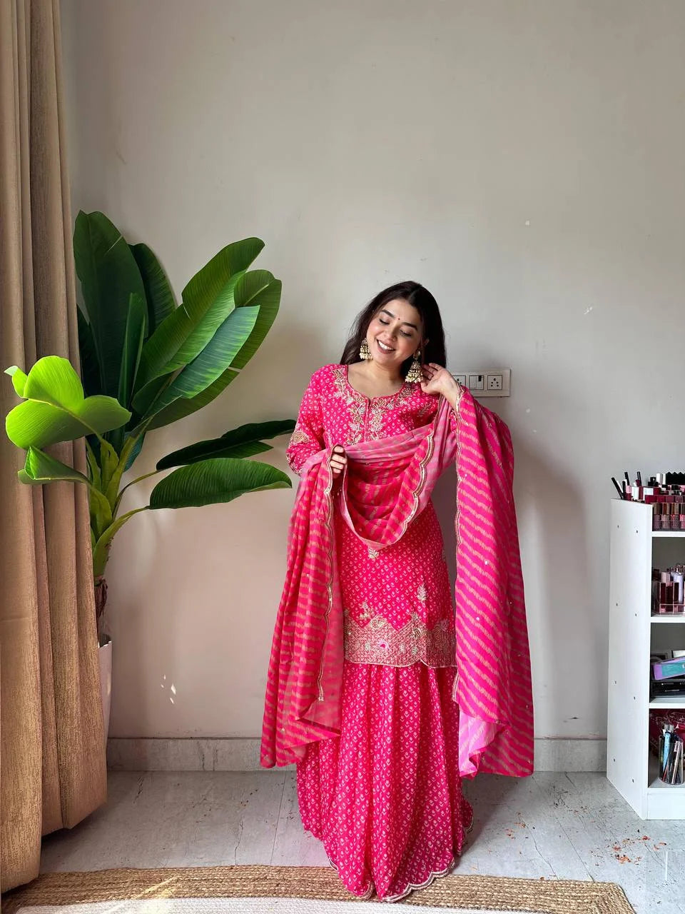 Printed Chinon Kurti Sharara Set with Embroidery & Diamond Work