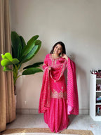 Printed Chinon Kurti Sharara Set with Embroidery & Diamond Work