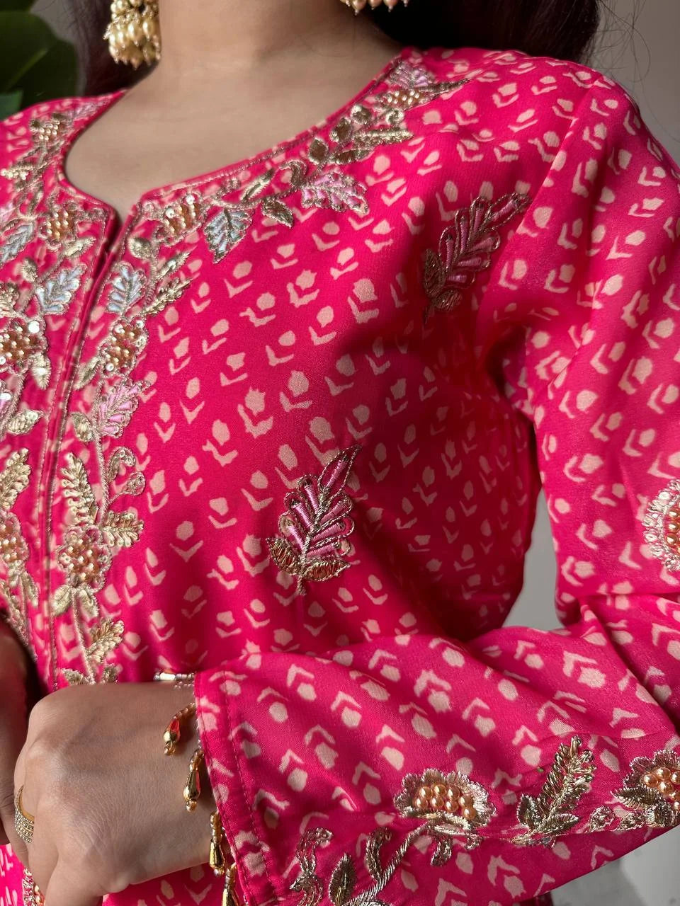 Printed Chinon Kurti Sharara Set with Embroidery & Diamond Work