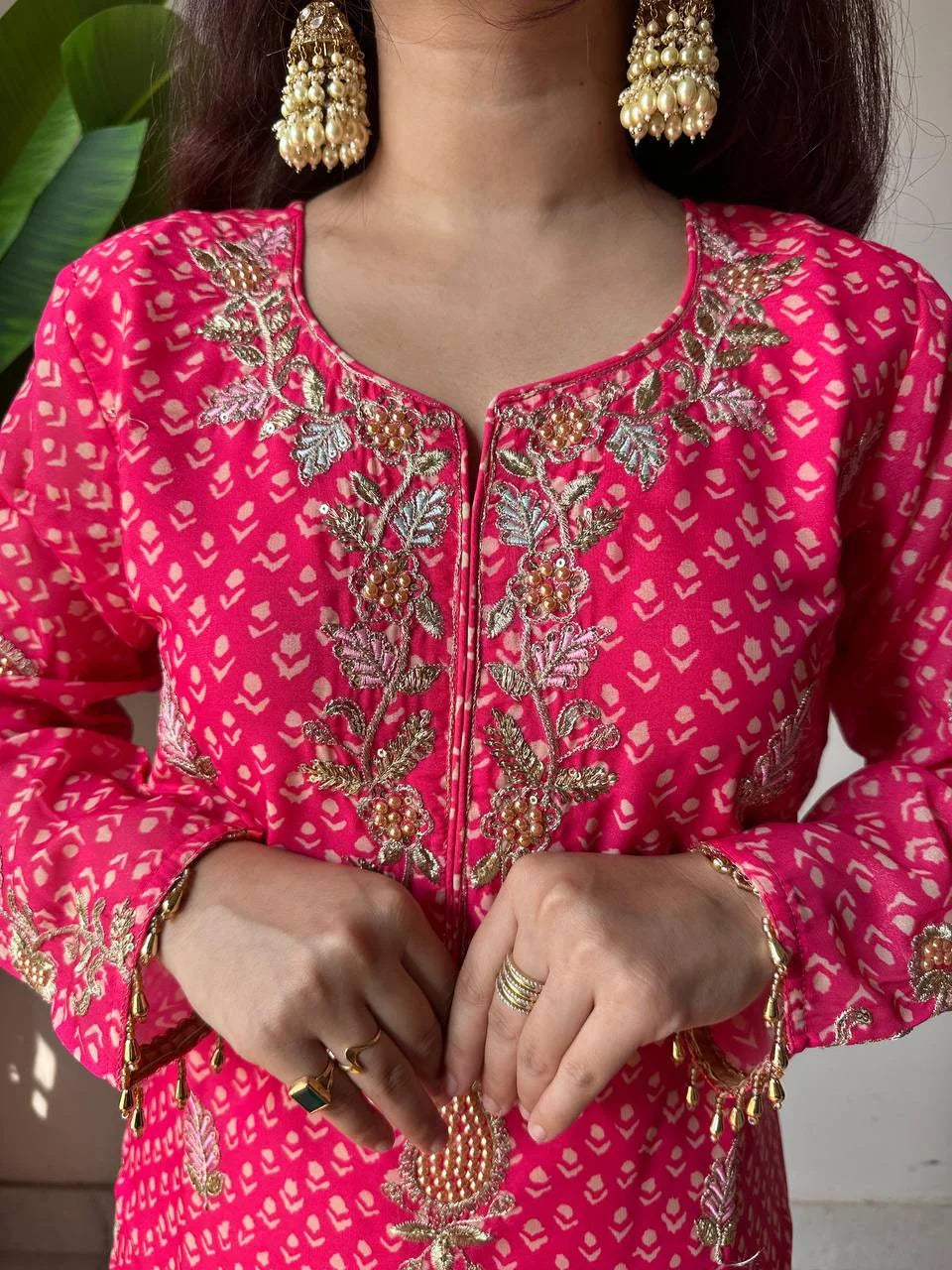 Printed Chinon Kurti Sharara Set with Embroidery & Diamond Work