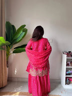Printed Chinon Kurti Sharara Set with Embroidery & Diamond Work
