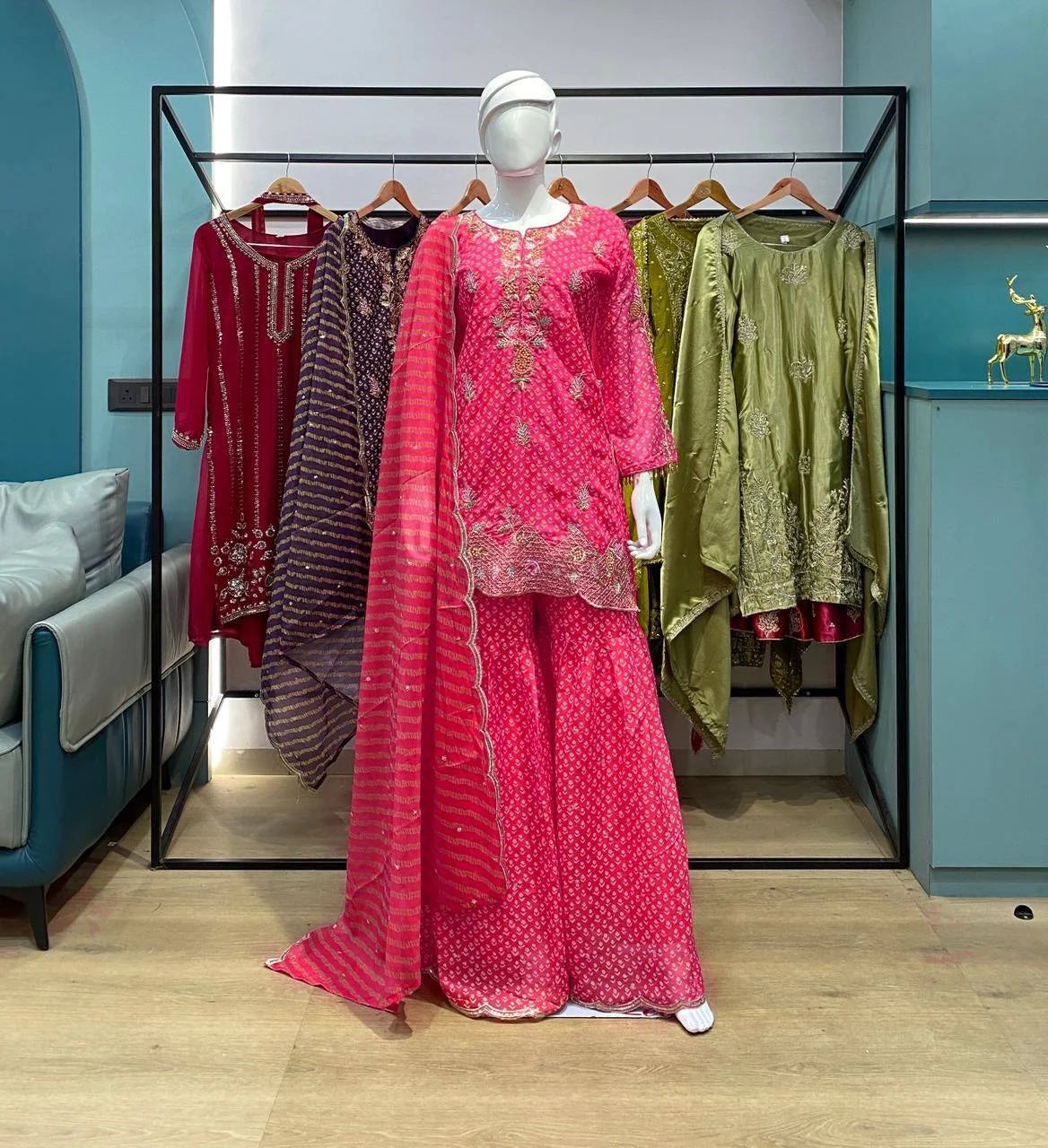 Printed Chinon Kurti Sharara Set with Embroidery & Diamond Work