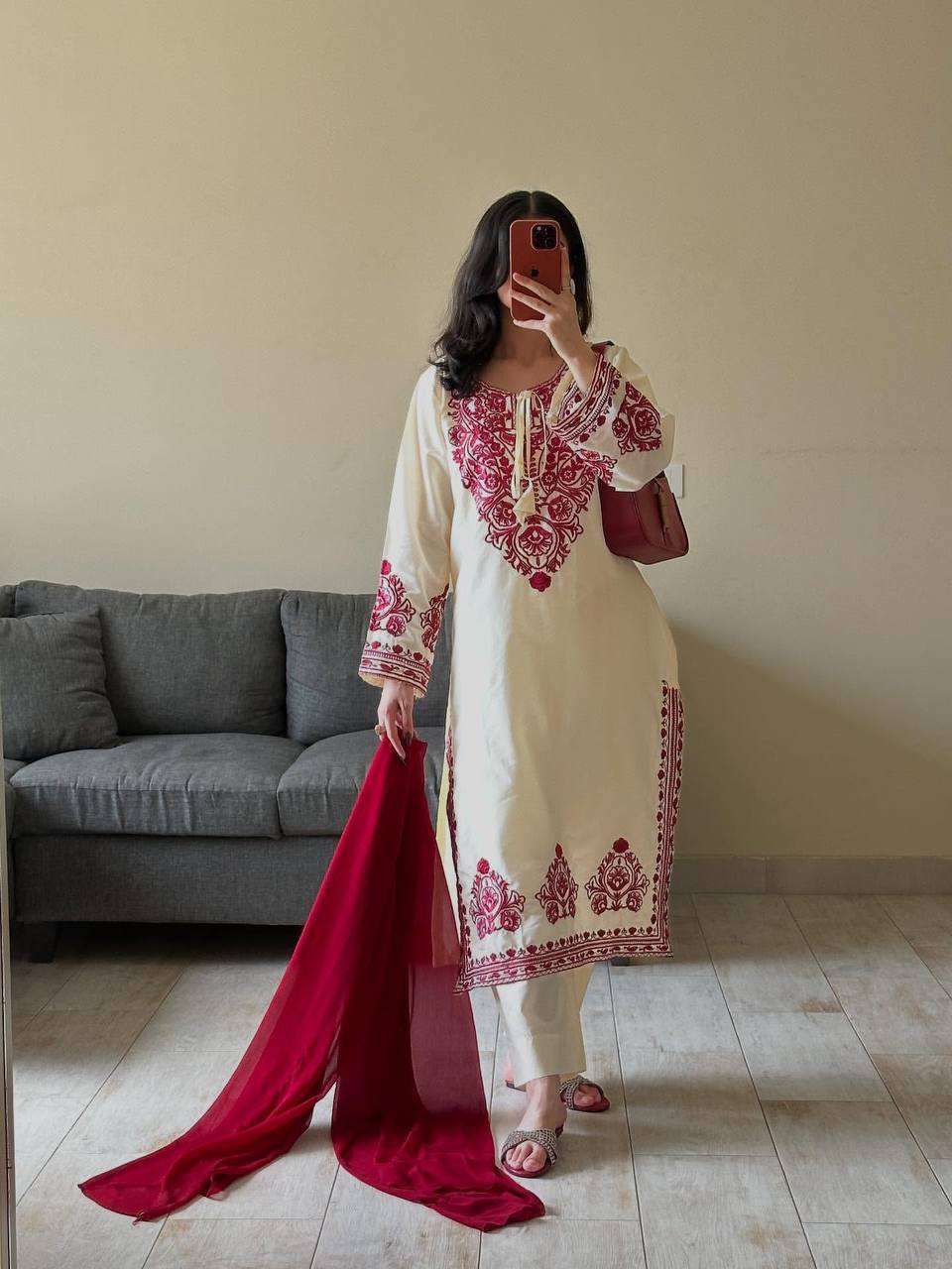 Timeless Charm – Roman Silk Embroidery Suit for Women