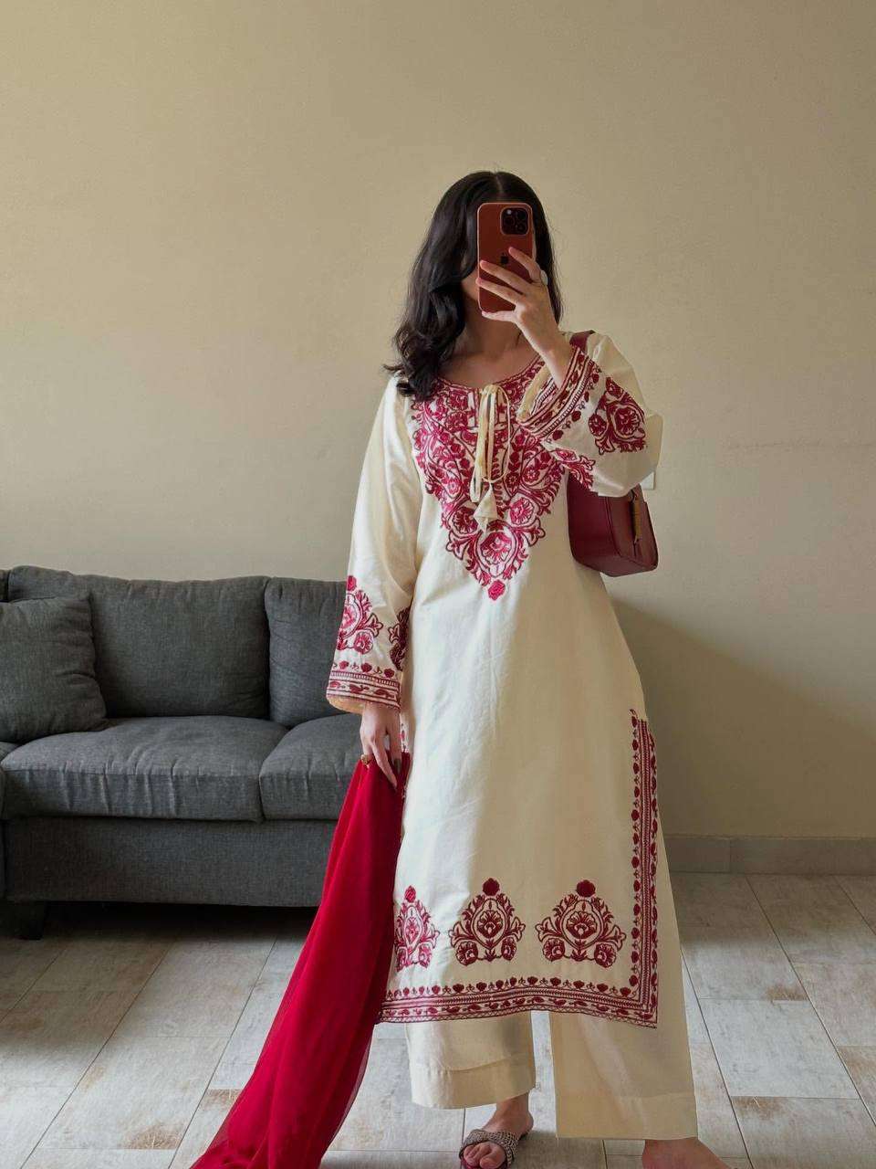 Timeless Charm – Roman Silk Embroidery Suit for Women