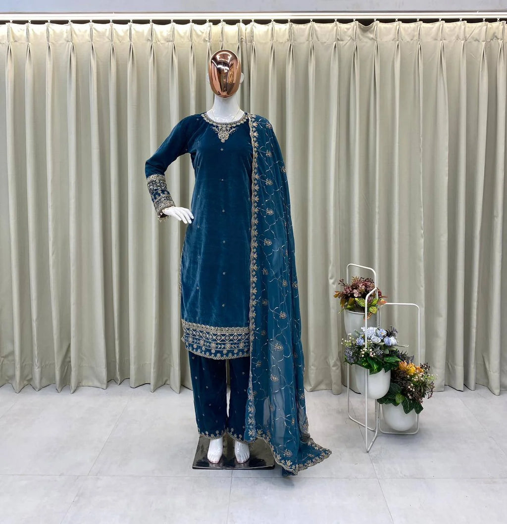 Velvet Suit with Sequence Work & Designer Dupatta