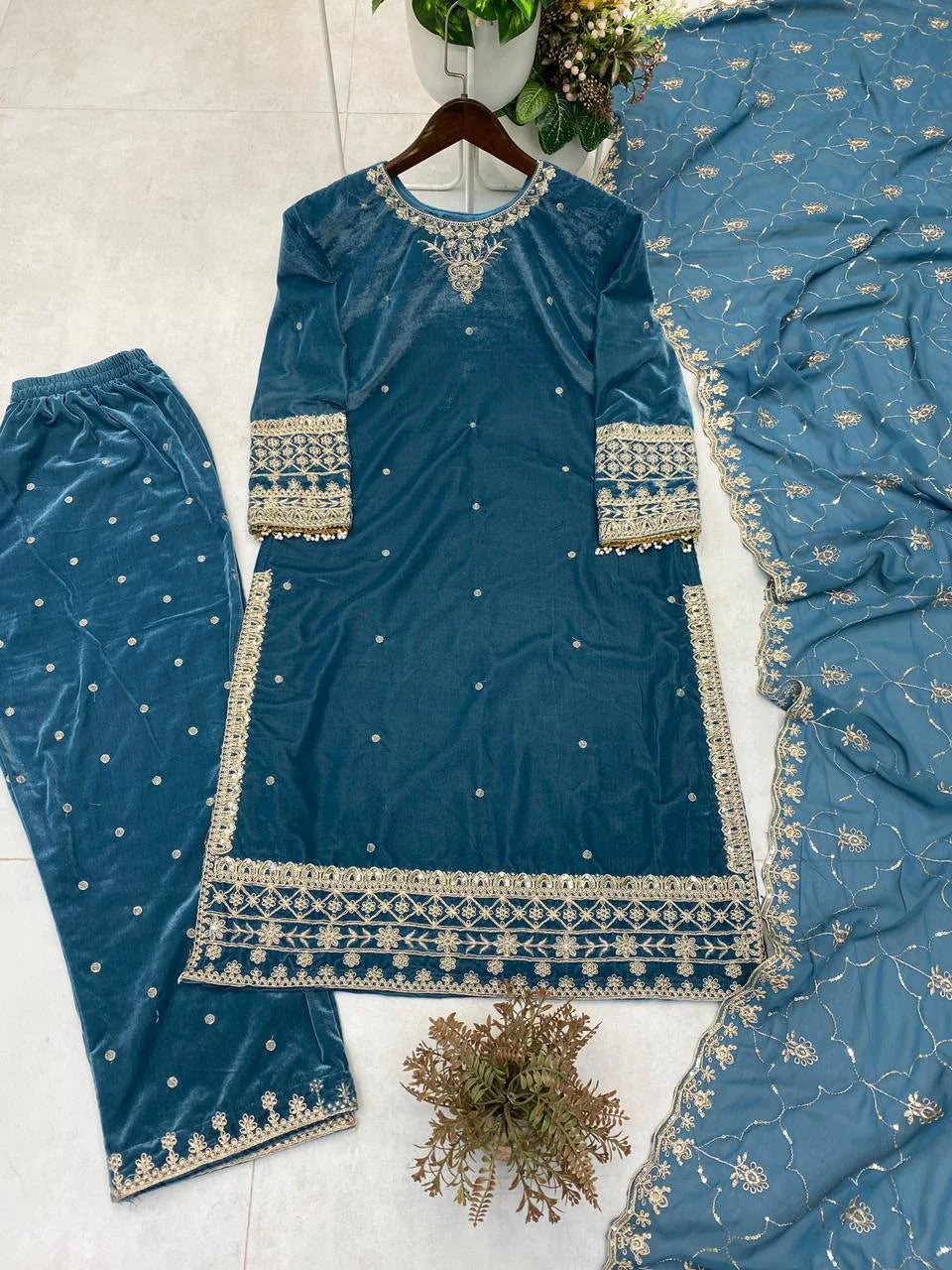 Velvet Suit with Sequence Work & Designer Dupatta