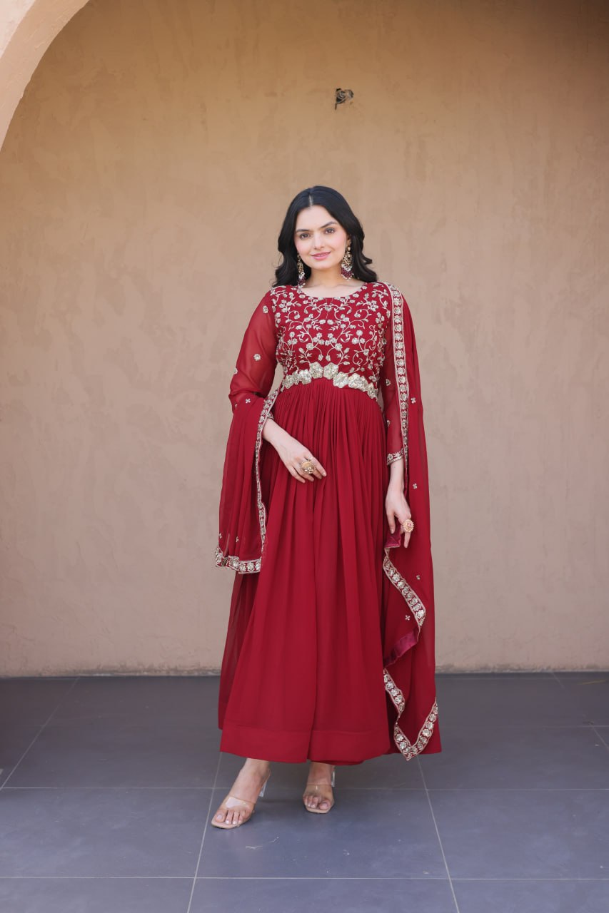 Marron Embroidered Anarkali Suit – Elegant Wedding Wear for Women
