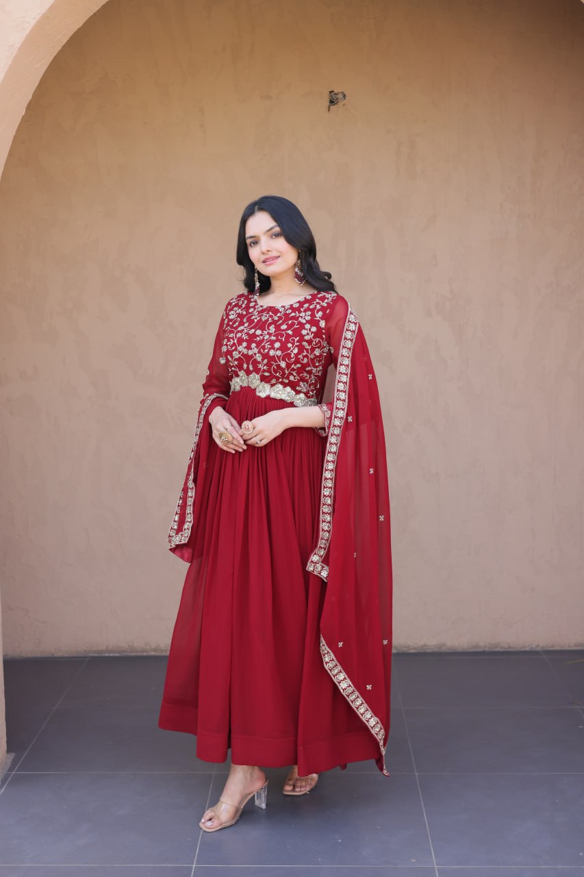 Marron Embroidered Anarkali Suit – Elegant Wedding Wear for Women