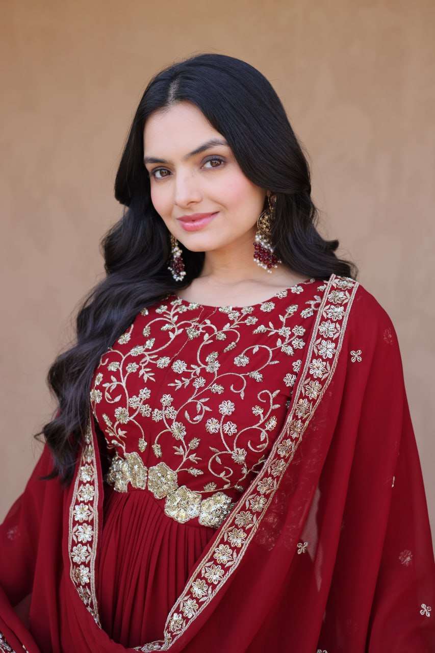 Marron Embroidered Anarkali Suit – Elegant Wedding Wear for Women