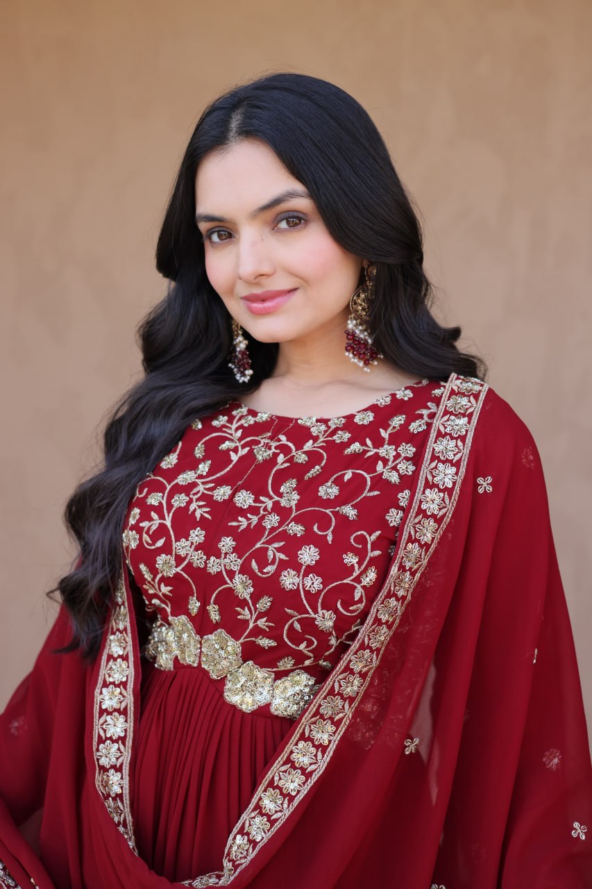 Marron Embroidered Anarkali Suit – Elegant Wedding Wear for Women
