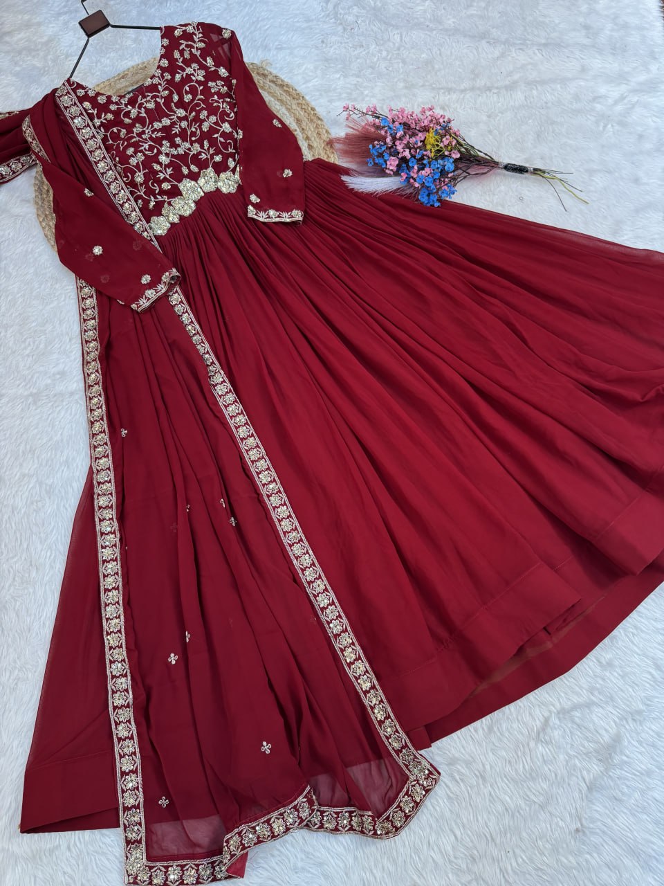 Marron Embroidered Anarkali Suit – Elegant Wedding Wear for Women