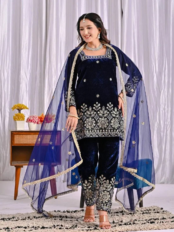 Pure Viscose Velvet Suit Set with Heavy Multi-Sequence Embroidery