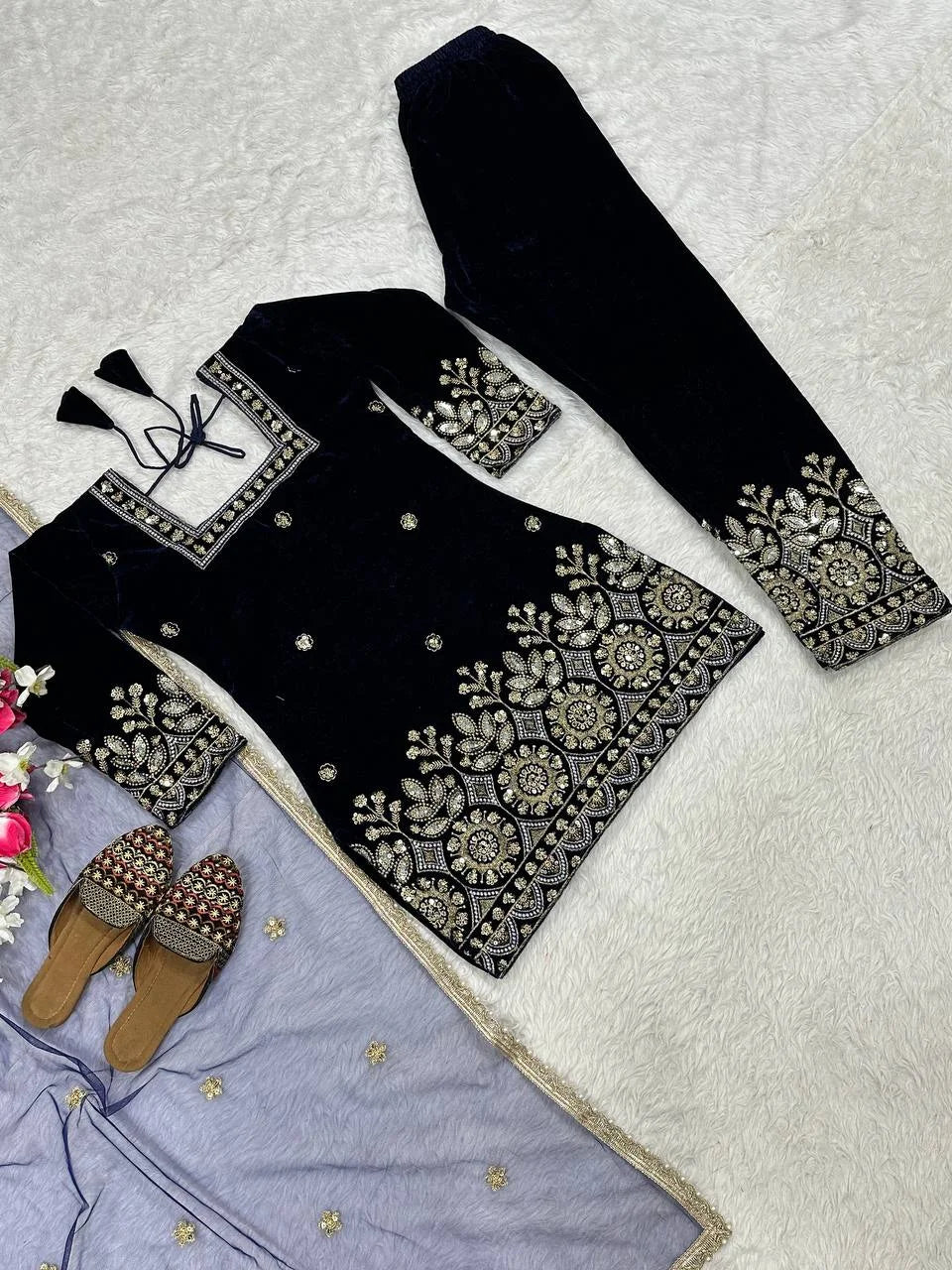 Pure Viscose Velvet Suit Set with Heavy Multi-Sequence Embroidery