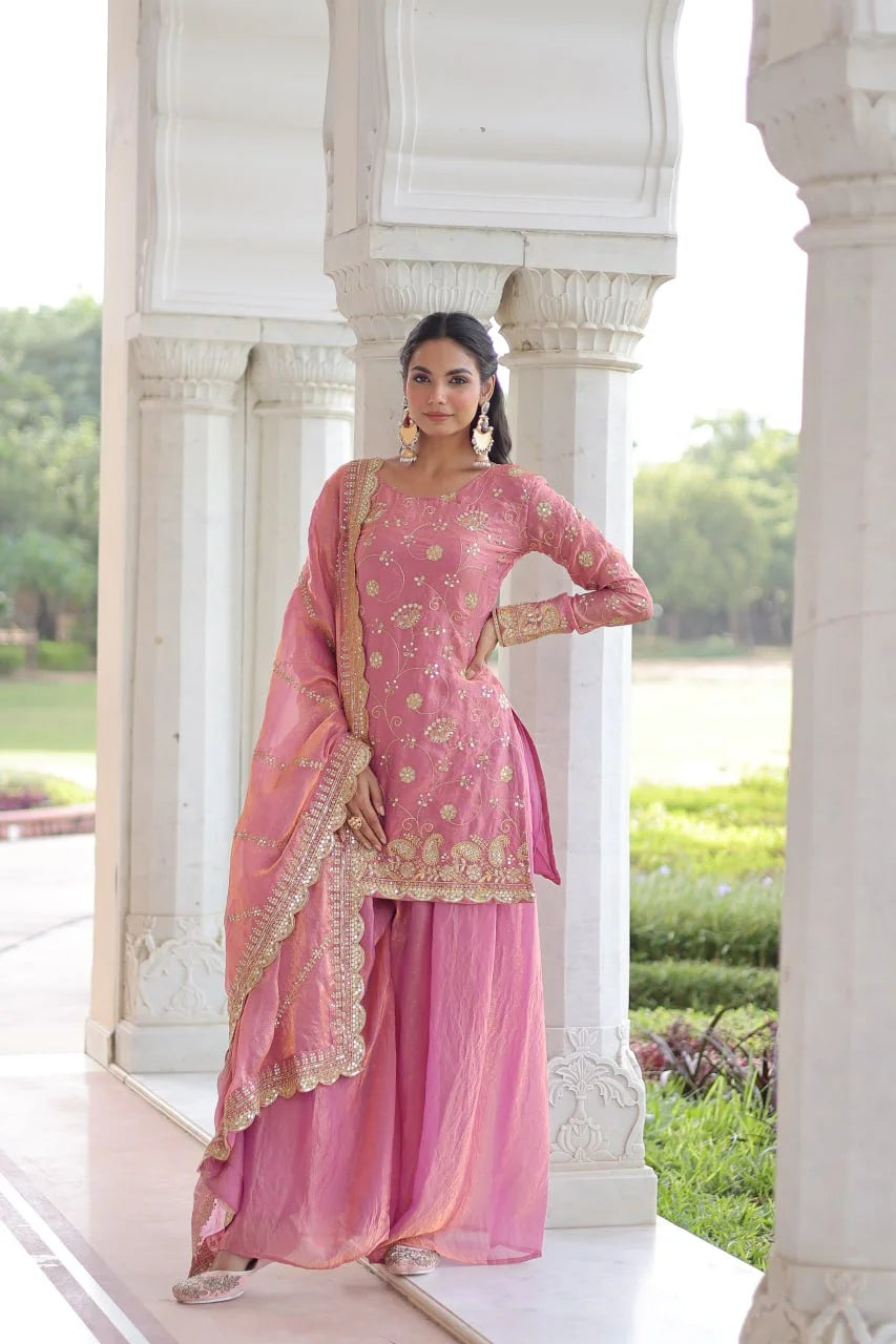 Fendy Sequence Embroidered Sharara Set with Cut-Work Dupatta