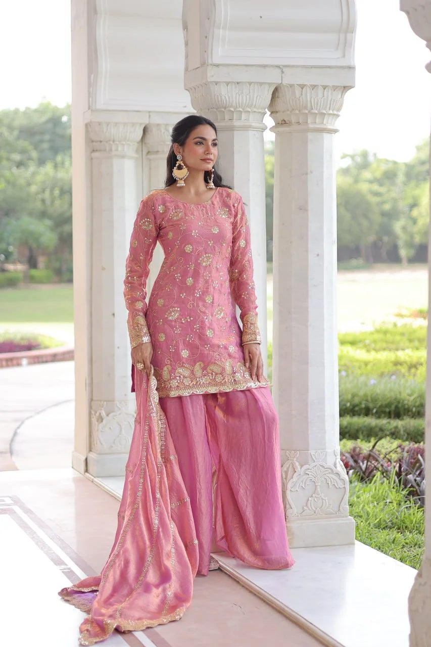 Fendy Sequence Embroidered Sharara Set with Cut-Work Dupatta