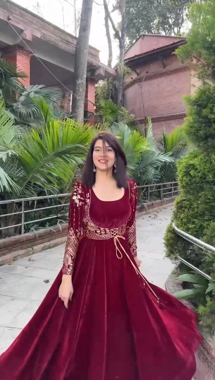 Designer Velvet Anarkali with Embroidered Koti