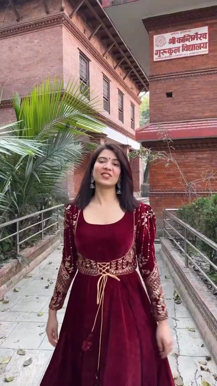 Designer Velvet Anarkali with Embroidered Koti