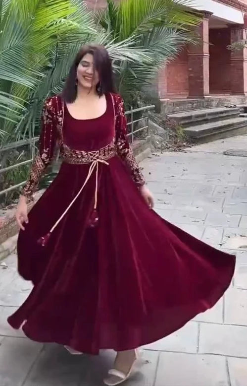 Designer Velvet Anarkali with Embroidered Koti