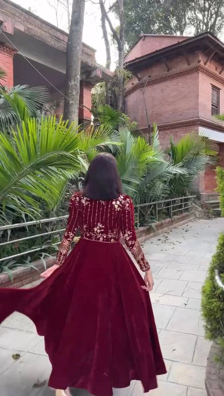 Designer Velvet Anarkali with Embroidered Koti