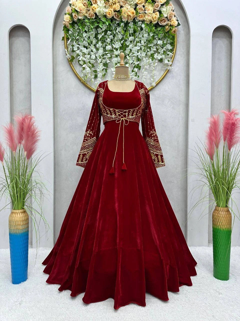 Designer Velvet Anarkali with Embroidered Koti