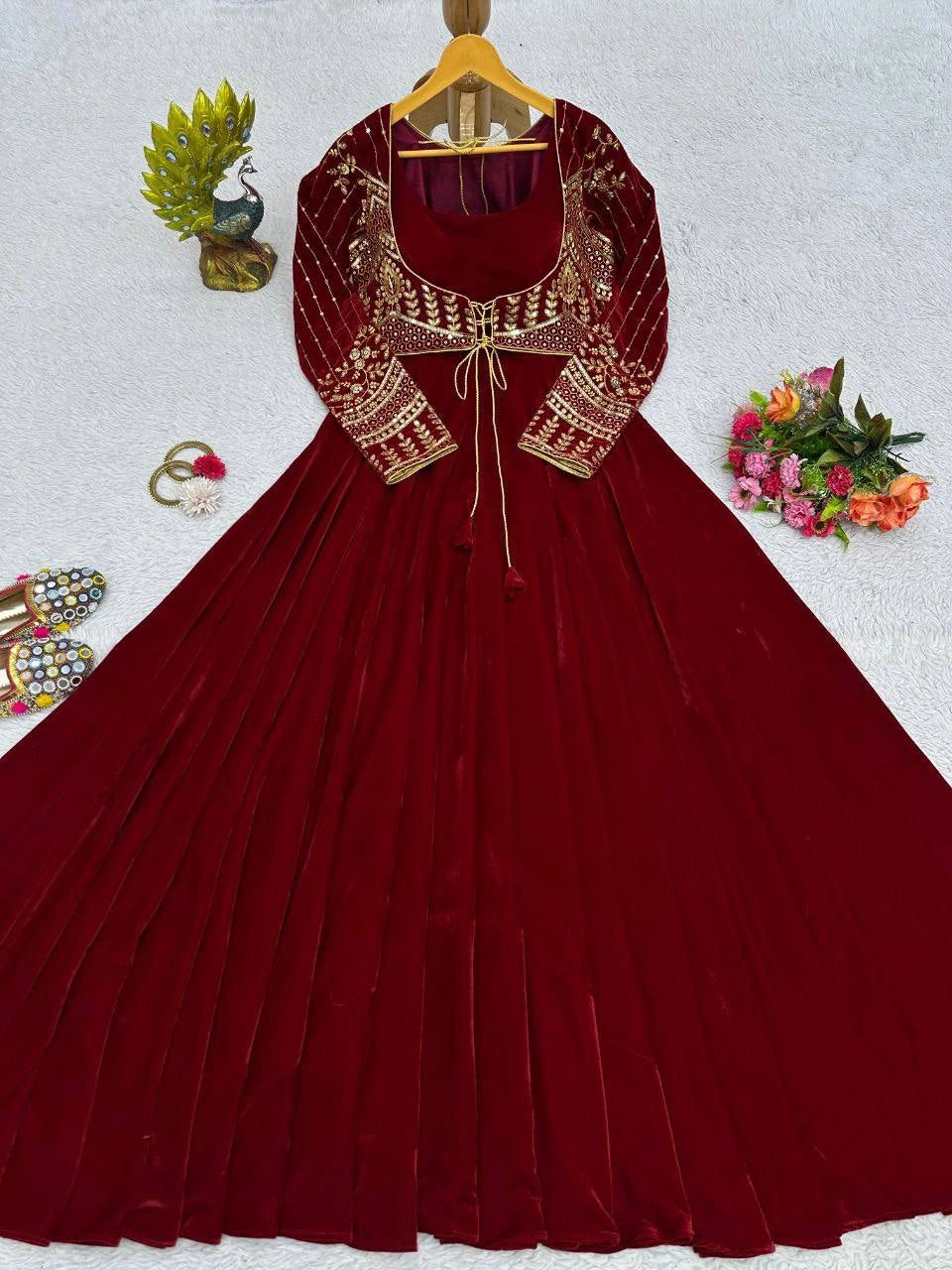 Designer Velvet Anarkali with Embroidered Koti