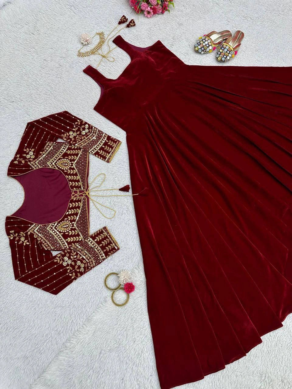 Designer Velvet Anarkali with Embroidered Koti