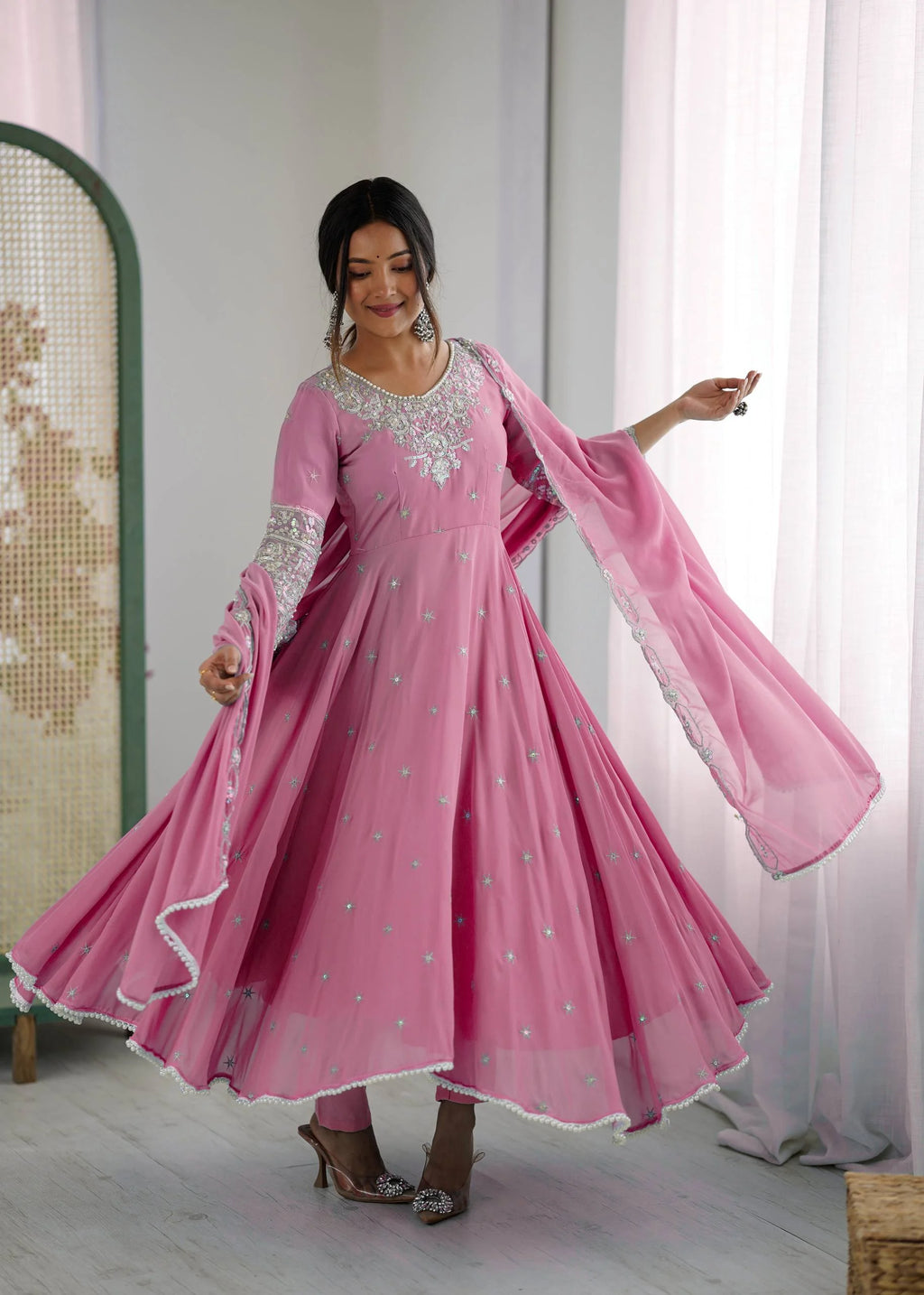 Premium Heavy Faux Anarkali Gown with Full Sleeves & Embroidered Dupatta